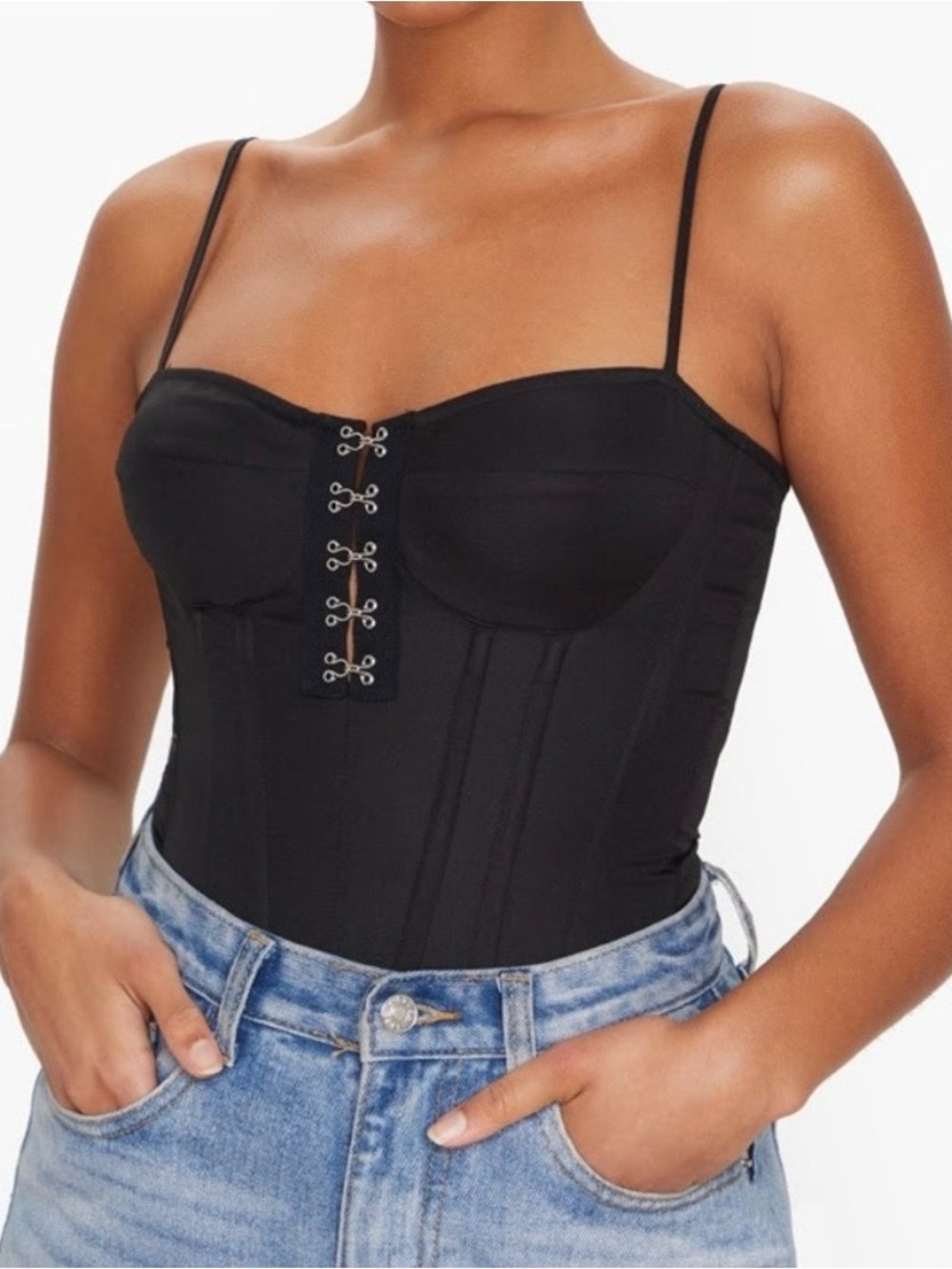 PrettyLittleThing Black Corset-Detail Spaghetti Strap Cami